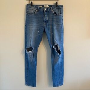 Topman‎ Stretch Skinny Destroyed Ripped Distressed Denim Blue Jeans Size 32R